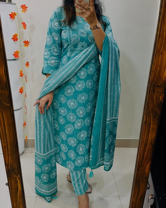 Biba Floral Cotton Kurta Set: Breathable Fabric, Elegant Design, Striped Dupatta, Women's Ethnic Apparel