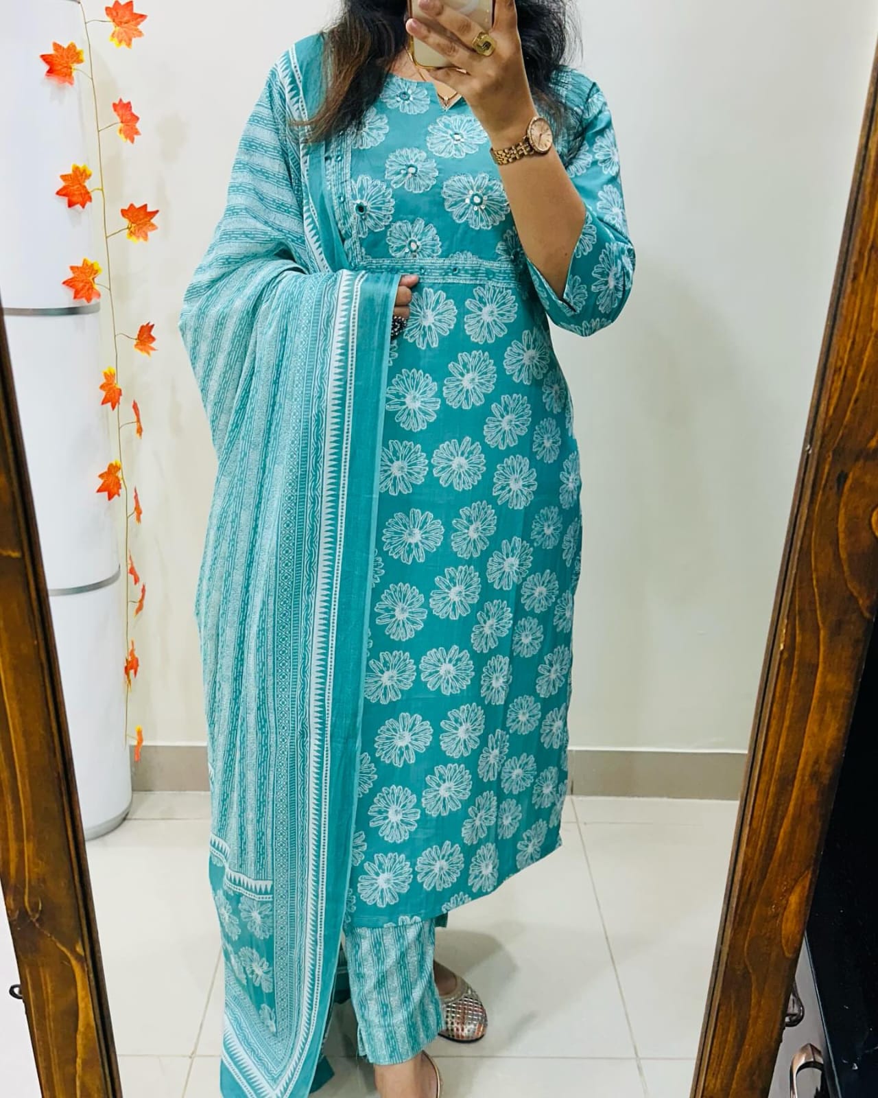 Biba Floral Cotton Kurta Set: Breathable Fabric, Elegant Design, Striped Dupatta, Women's Ethnic Apparel