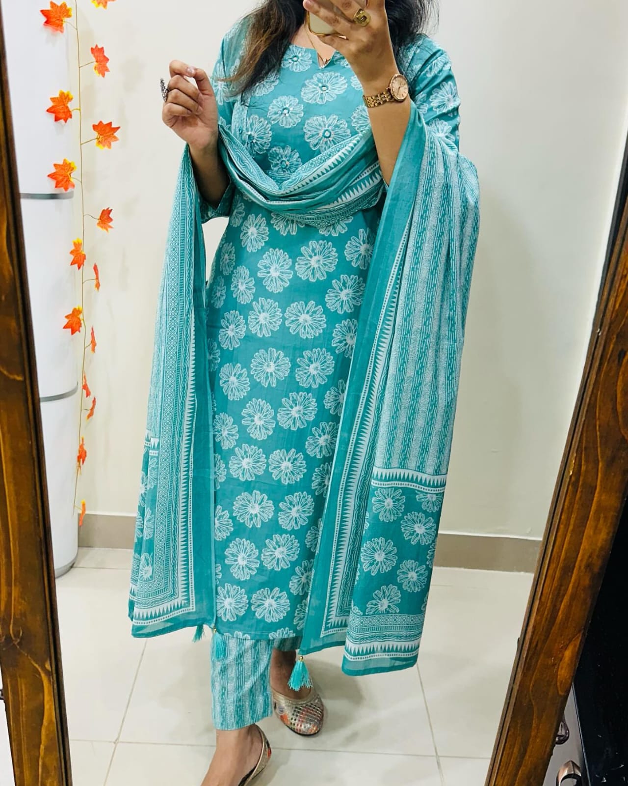 Biba Floral Cotton Kurta Set: Breathable Fabric, Elegant Design, Striped Dupatta, Women's Ethnic Apparel