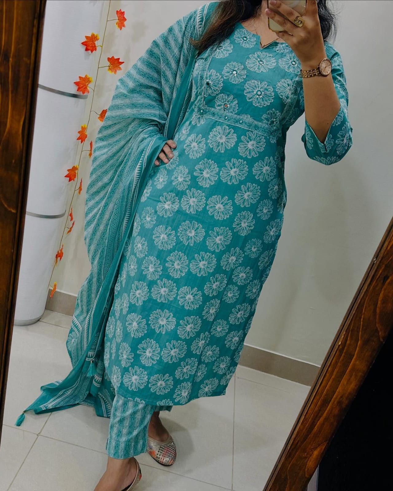 Biba Floral Cotton Kurta Set: Breathable Fabric, Elegant Design, Striped Dupatta, Women's Ethnic Apparel