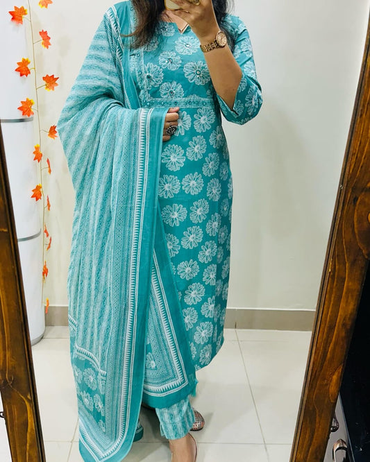Biba Floral Cotton Kurta Set: Breathable Fabric, Elegant Design, Striped Dupatta, Women's Ethnic Apparel