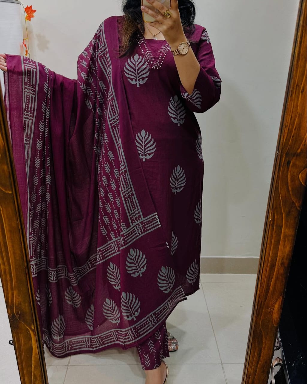 Biba Rich Maroon Cotton Kurta Set: Ethnic Block Print, Comfortable, Matching Dupatta