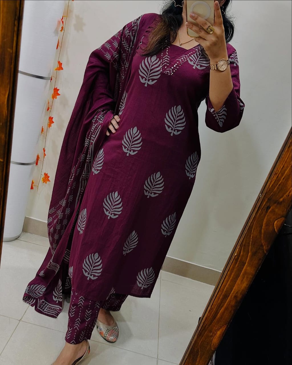 Biba Rich Maroon Cotton Kurta Set: Ethnic Block Print, Comfortable, Matching Dupatta