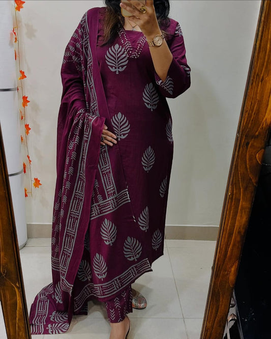 Biba Rich Maroon Cotton Kurta Set: Ethnic Block Print, Comfortable, Matching Dupatta