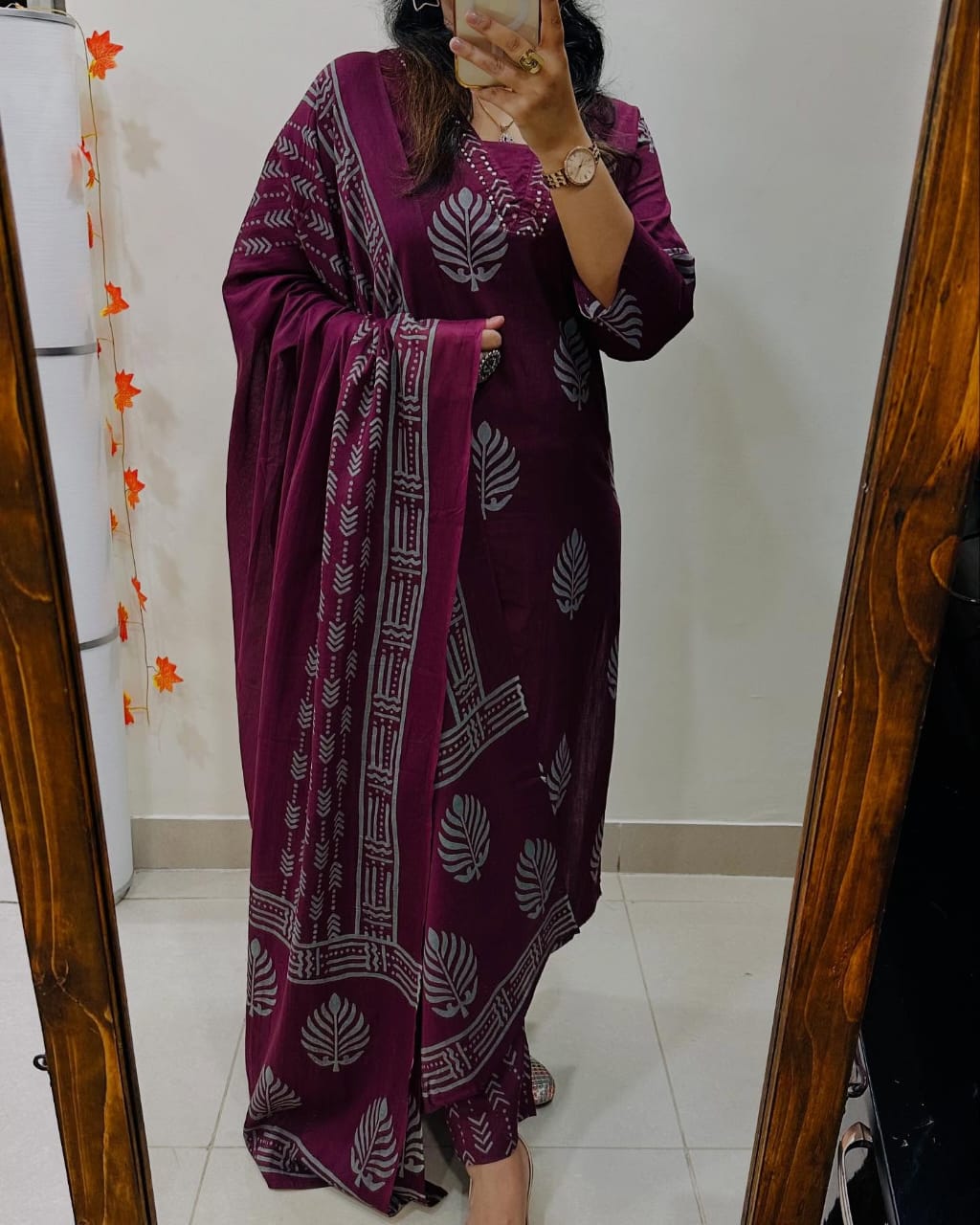 Biba Rich Maroon Cotton Kurta Set: Ethnic Block Print, Comfortable, Matching Dupatta