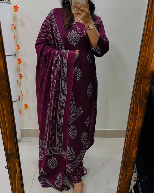 Biba Rich Maroon Cotton Kurta Set: Ethnic Block Print, Comfortable, Matching Dupatta