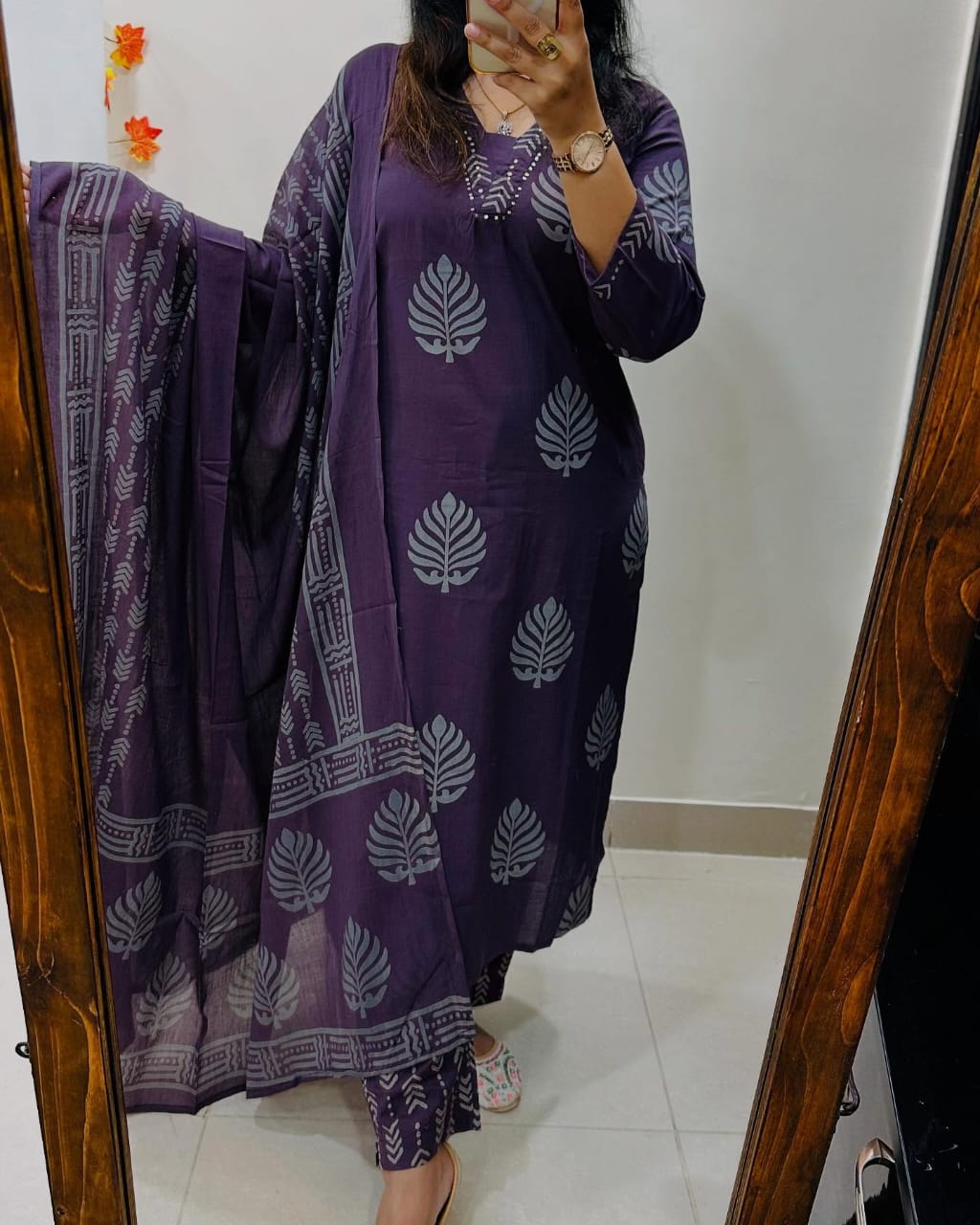 Biba Deep Plum Cotton Kurta Set: Leaf Motif, Dupatta, Comfortable Ethnic Attire