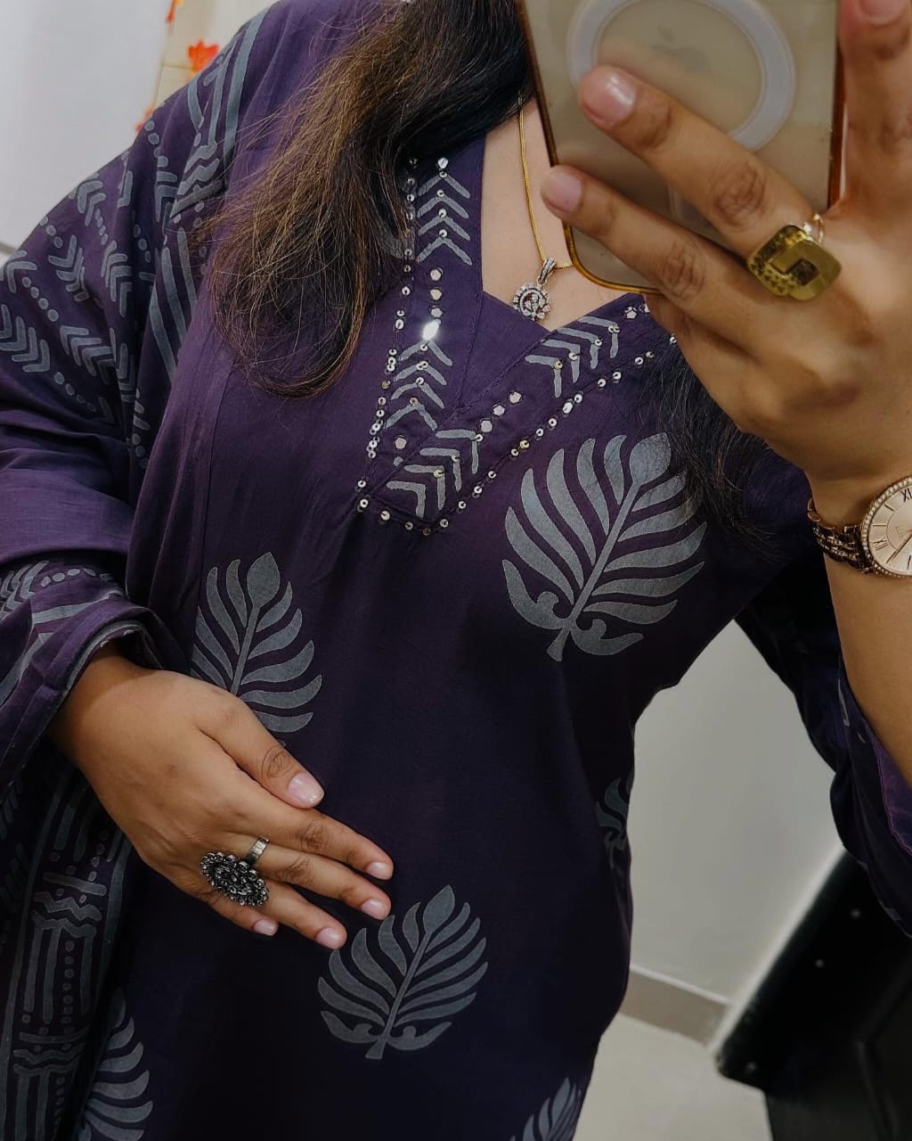 Biba Deep Plum Cotton Kurta Set: Leaf Motif, Dupatta, Comfortable Ethnic Attire