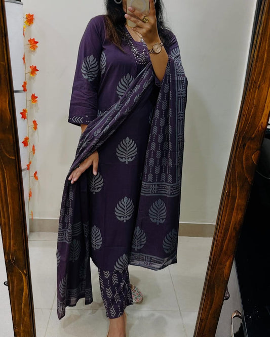 Biba Deep Plum Cotton Kurta Set: Leaf Motif, Dupatta, Comfortable Ethnic Attire