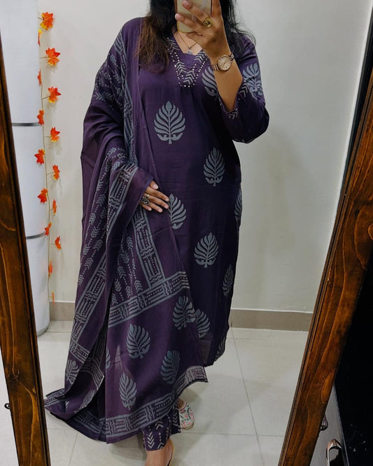 Biba Deep Plum Cotton Kurta Set: Leaf Motif, Dupatta, Comfortable Ethnic Attire