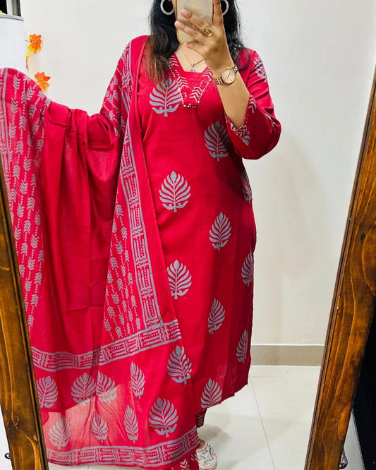 Biba Elegant Red Cotton Kurta Set with Dupatta for Festive Comfort