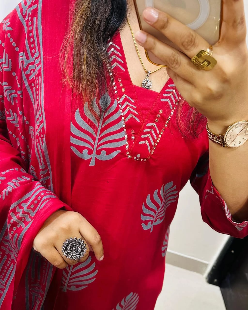 Biba Elegant Red Cotton Kurta Set with Dupatta for Festive Comfort