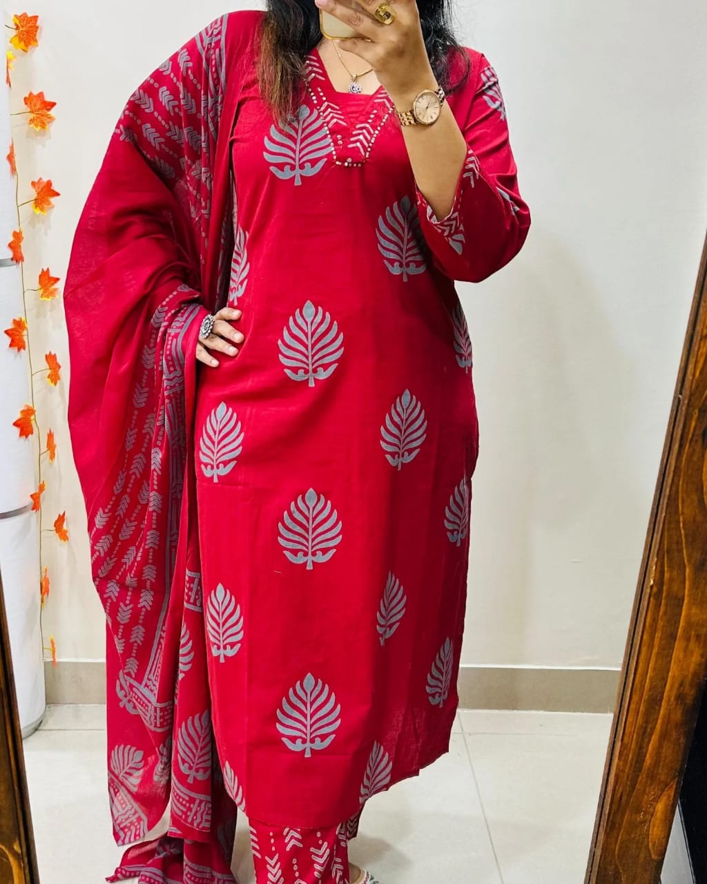 Biba Elegant Red Cotton Kurta Set with Dupatta for Festive Comfort