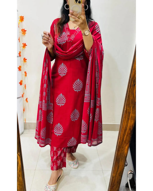 Biba Elegant Red Cotton Kurta Set with Dupatta for Festive Comfort