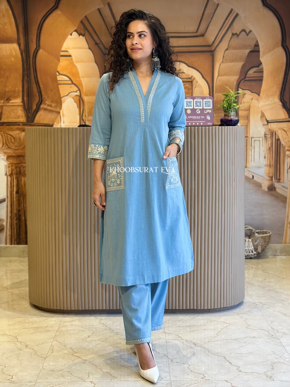 Biba Grace Blue Embroidered Kurta: Elegant Women's Traditional Indian Tunic Dress