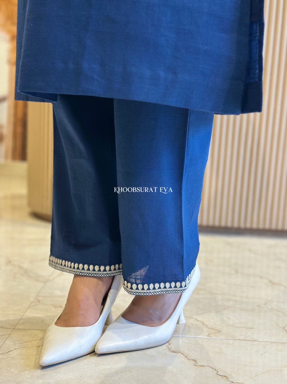 Royal Blue Cotton Kurta Set: Elegant Embroidery, Statement Sleeves, Festive Style
