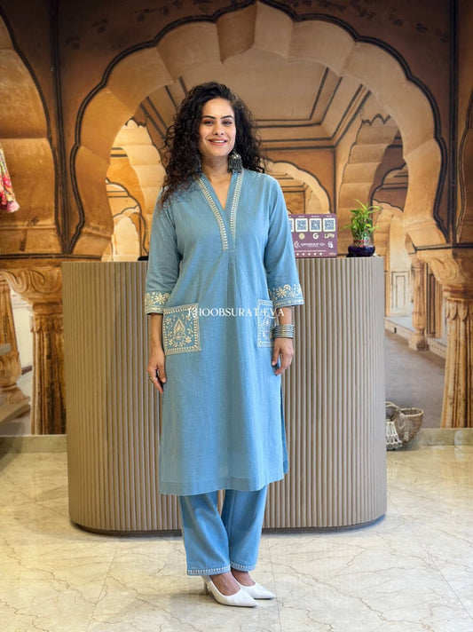 Biba Grace Blue Embroidered Kurta: Elegant Women's Traditional Indian Tunic Dress