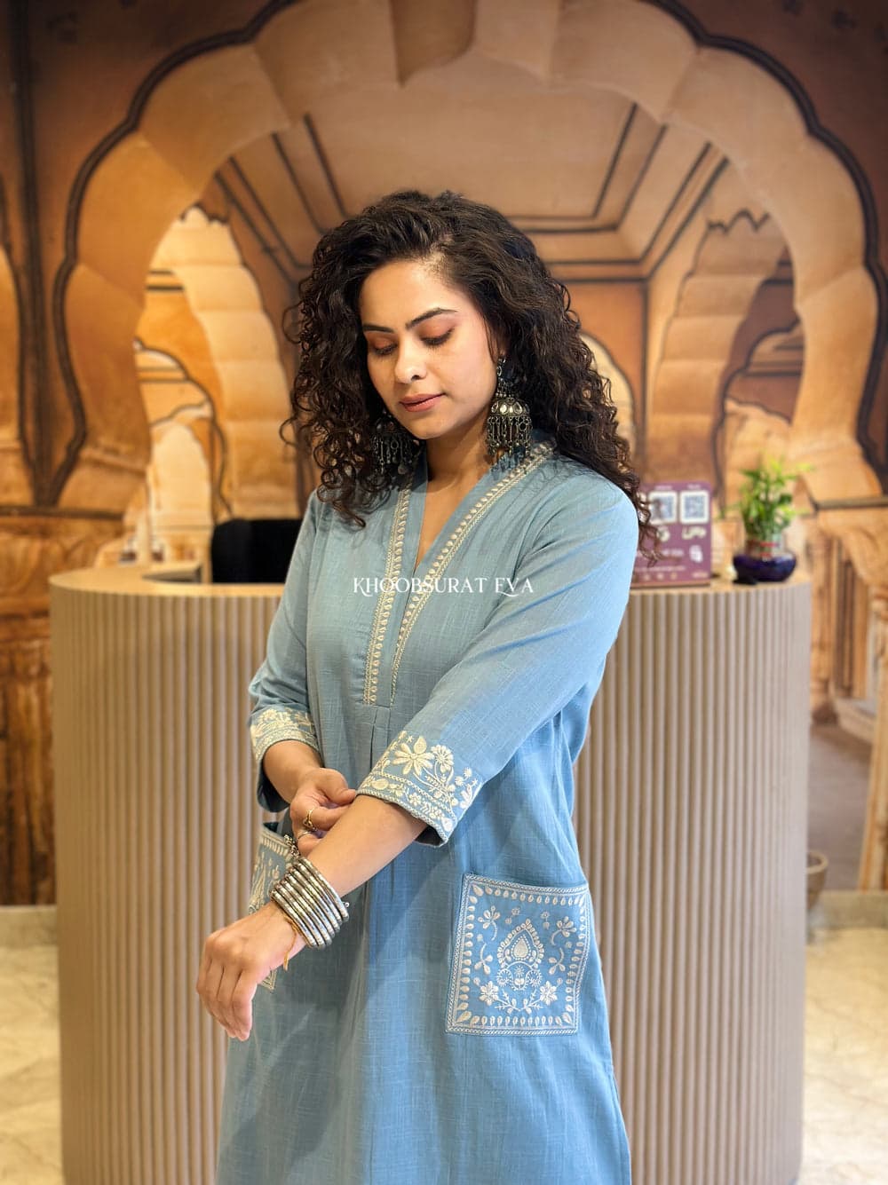 Biba Grace Blue Embroidered Kurta: Elegant Women's Traditional Indian Tunic Dress