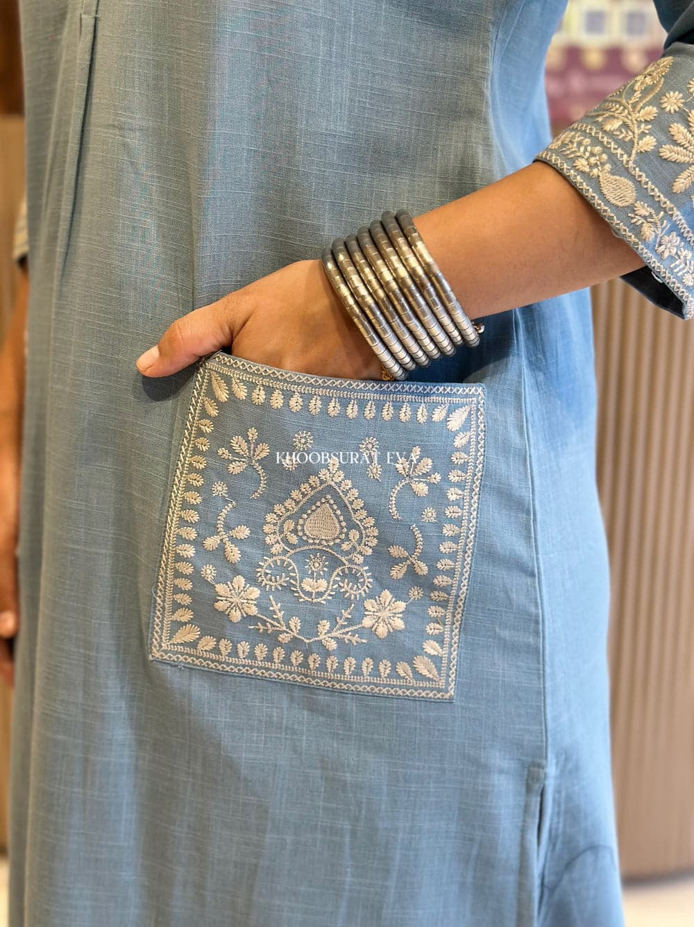 Biba Grace Blue Embroidered Kurta: Elegant Women's Traditional Indian Tunic Dress