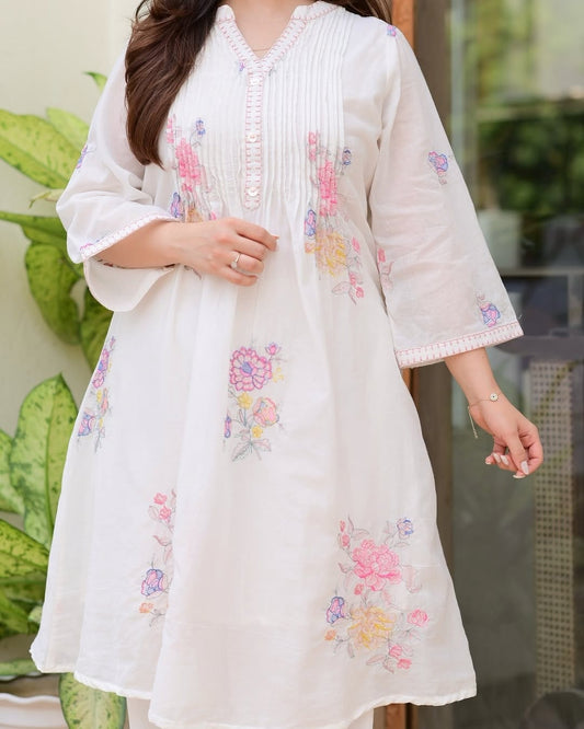 Delicate Floral Embroidered White Mulmul Cotton A-Line Kurta Set