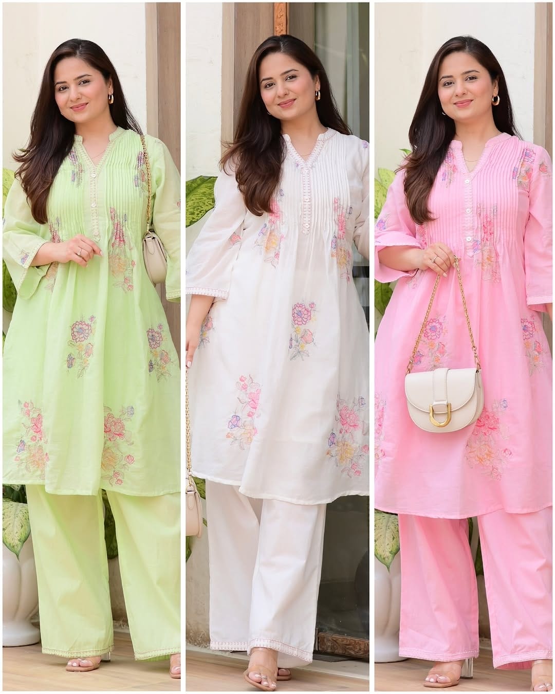 Delicate Floral Embroidered White Mulmul Cotton A-Line Kurta Set