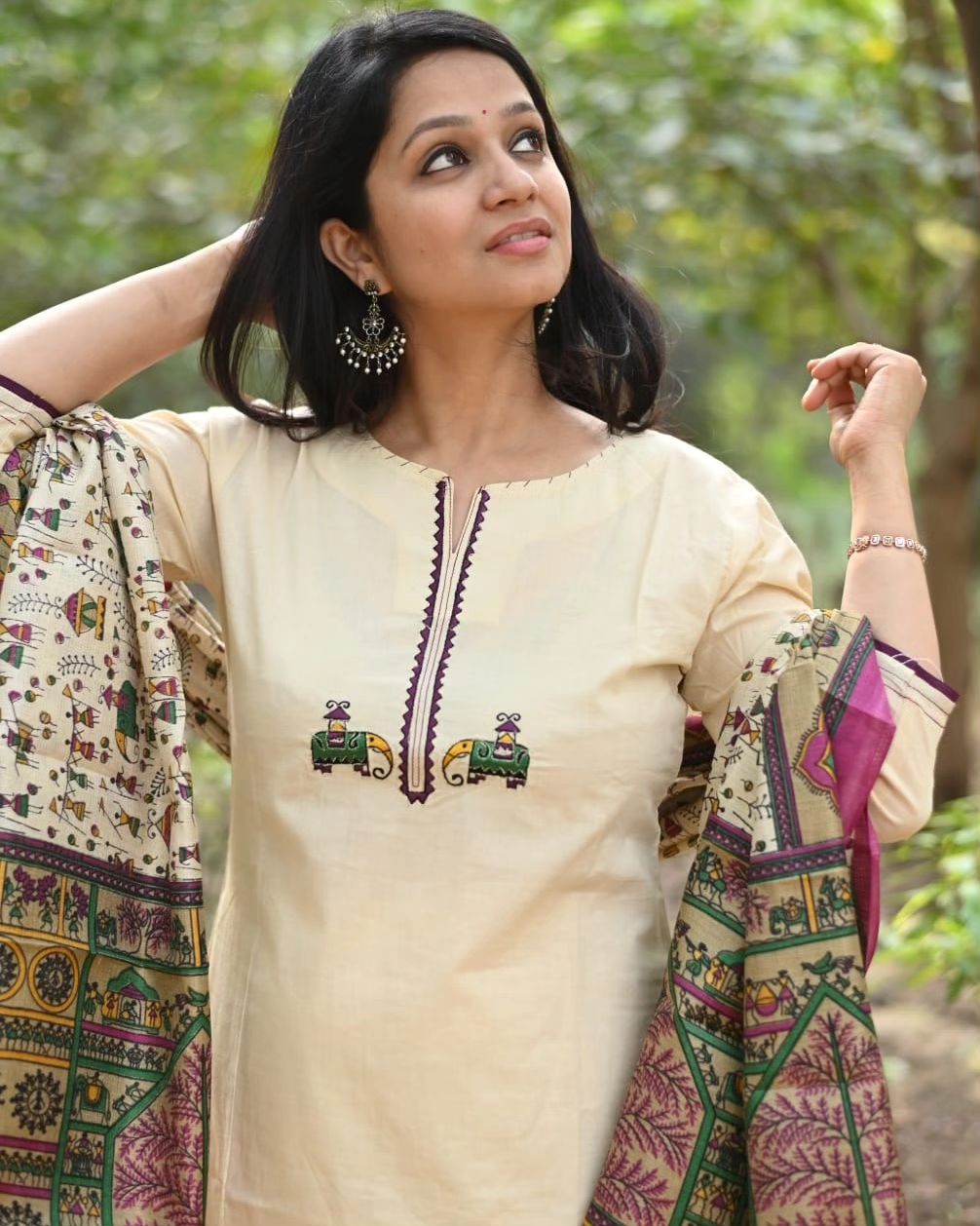 Biba Cream Cotton Kurta Set with Tribal Embroidery and Madhubani Dupatta