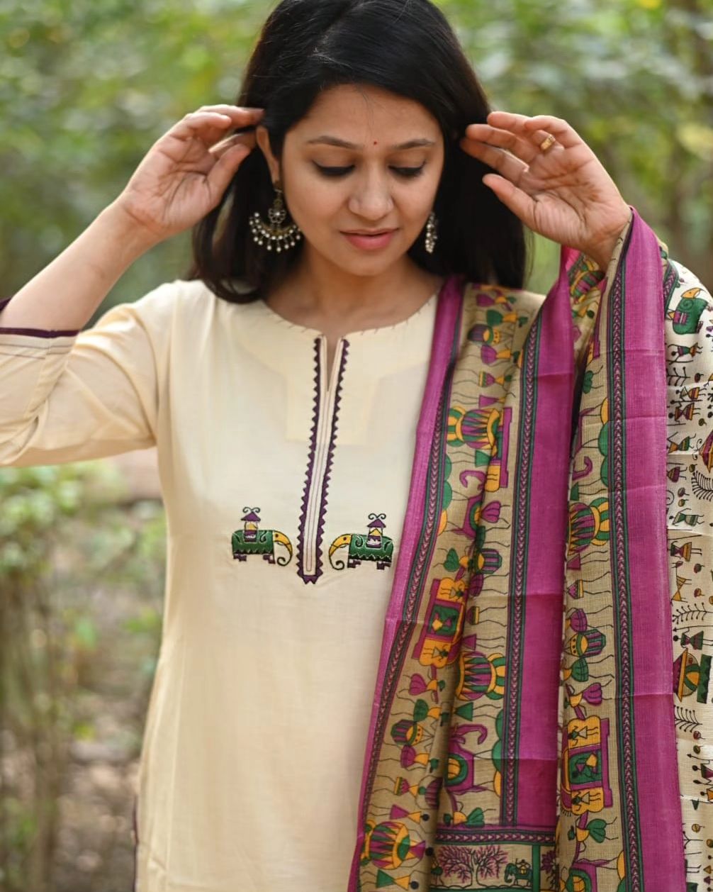 Biba Cream Cotton Kurta Set with Tribal Embroidery and Madhubani Dupatta