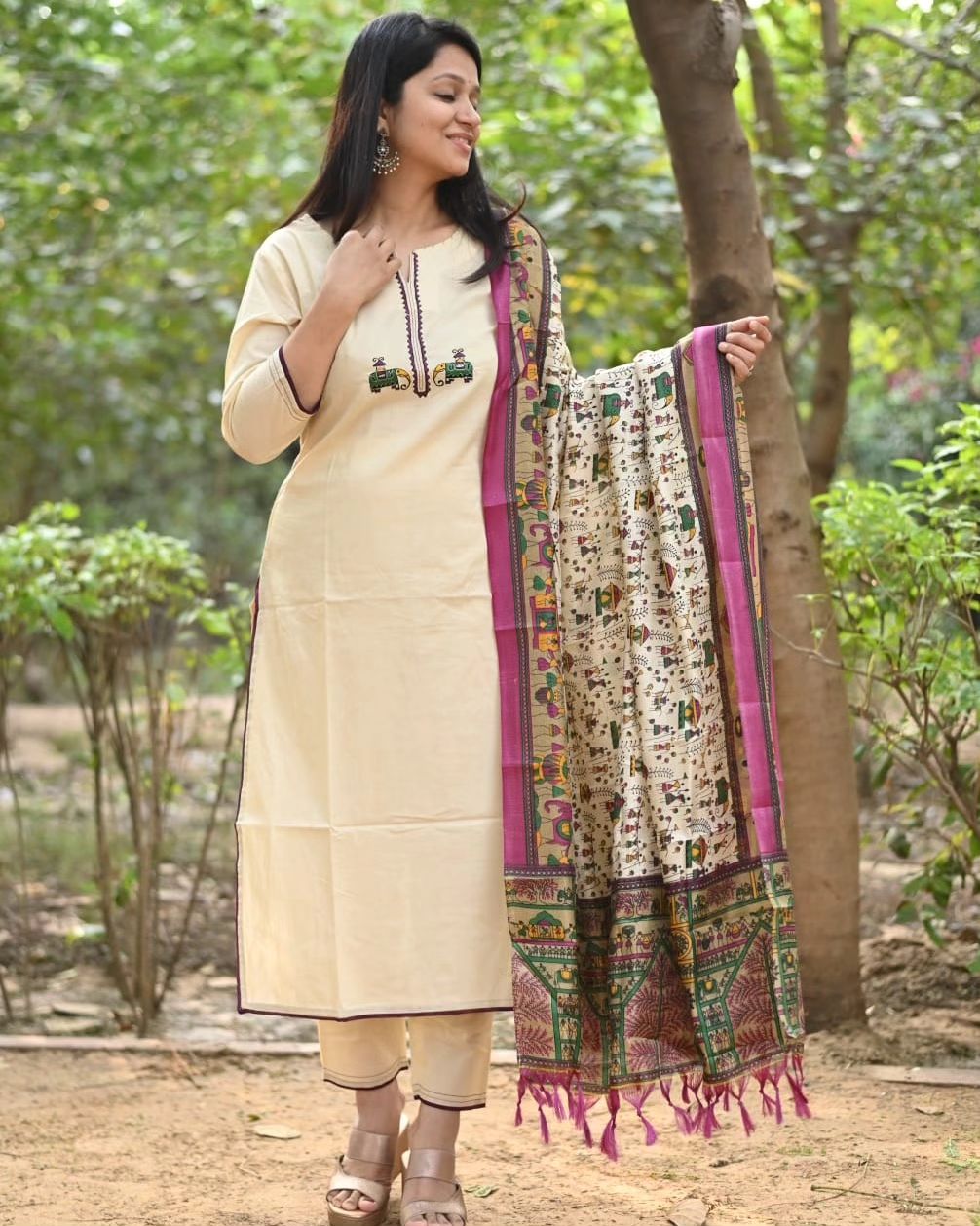 Biba Cream Cotton Kurta Set with Tribal Embroidery and Madhubani Dupatta