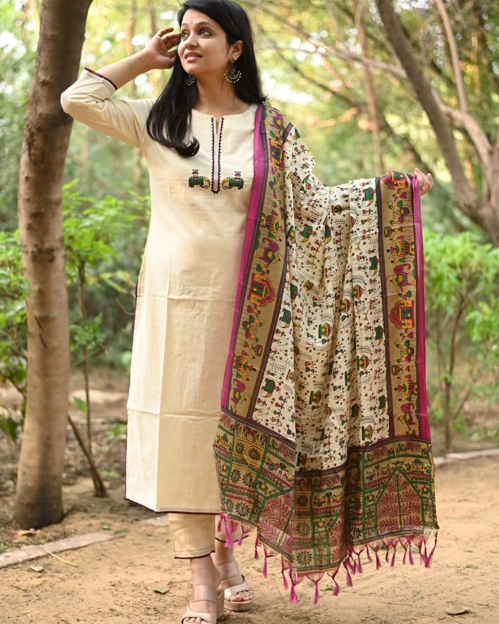 Biba Cream Cotton Kurta Set with Tribal Embroidery and Madhubani Dupatta