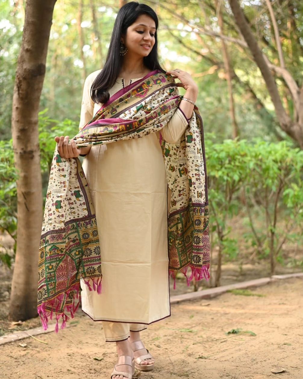 Biba Cream Cotton Kurta Set with Tribal Embroidery and Madhubani Dupatta