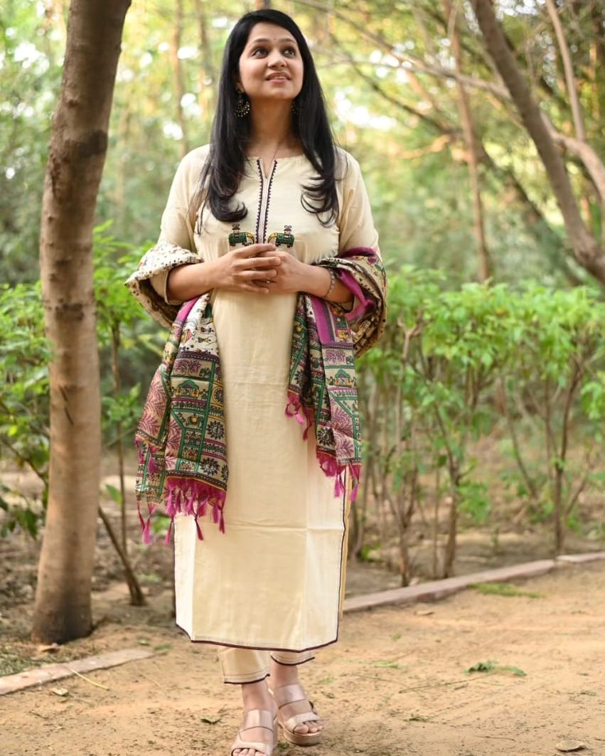 Biba Cream Cotton Kurta Set with Tribal Embroidery and Madhubani Dupatta