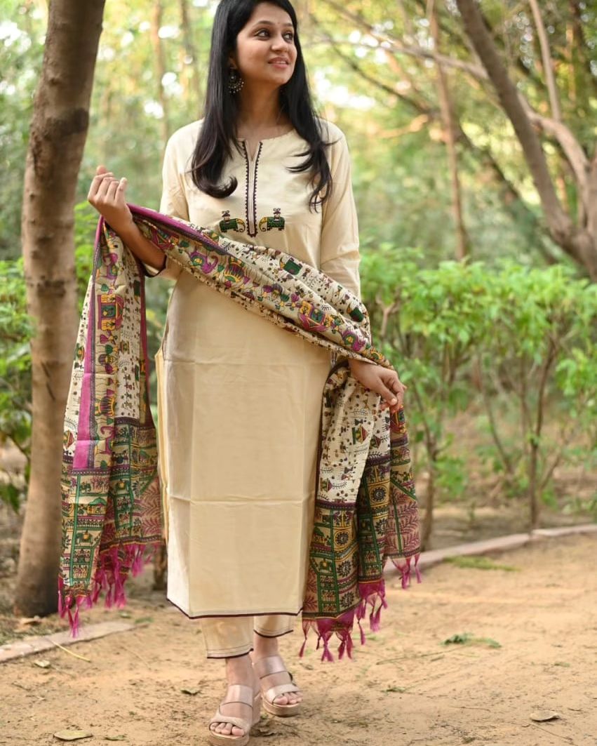 Biba Cream Cotton Kurta Set with Tribal Embroidery and Madhubani Dupatta