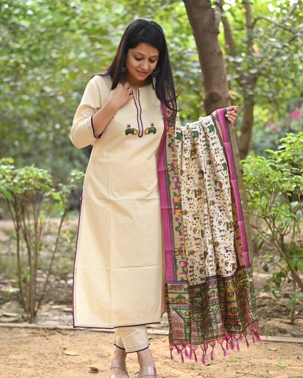 Biba Cream Cotton Kurta Set with Tribal Embroidery and Madhubani Dupatta