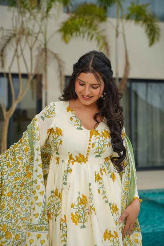 Elegant Cream Anarkali Kurta Set: Yellow Floral Print, Green Dupatta, Flared Design