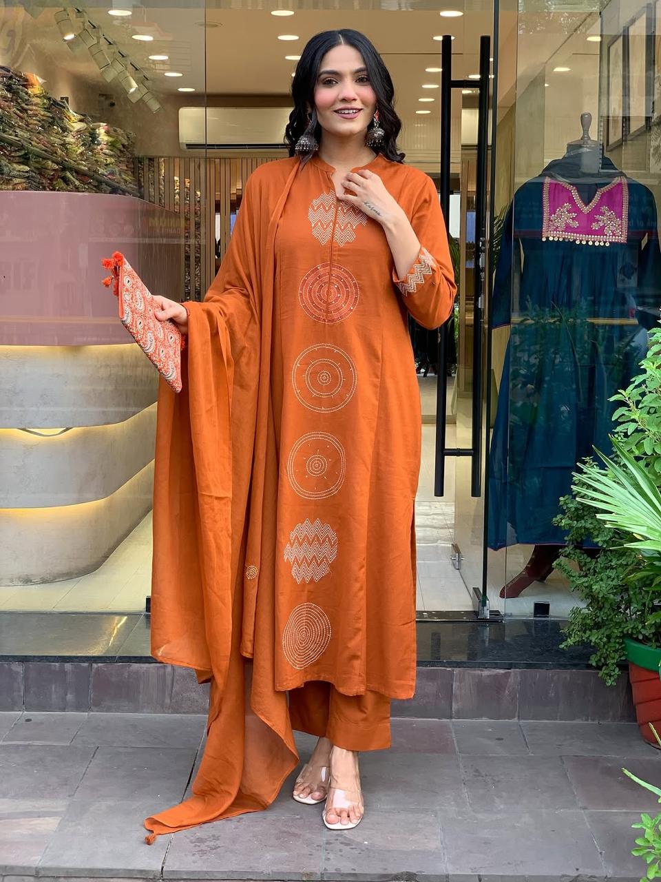 Biba Rust Orange Hand-Embroidered Cotton Kurta Set Dupatta Elegant Festive Attire