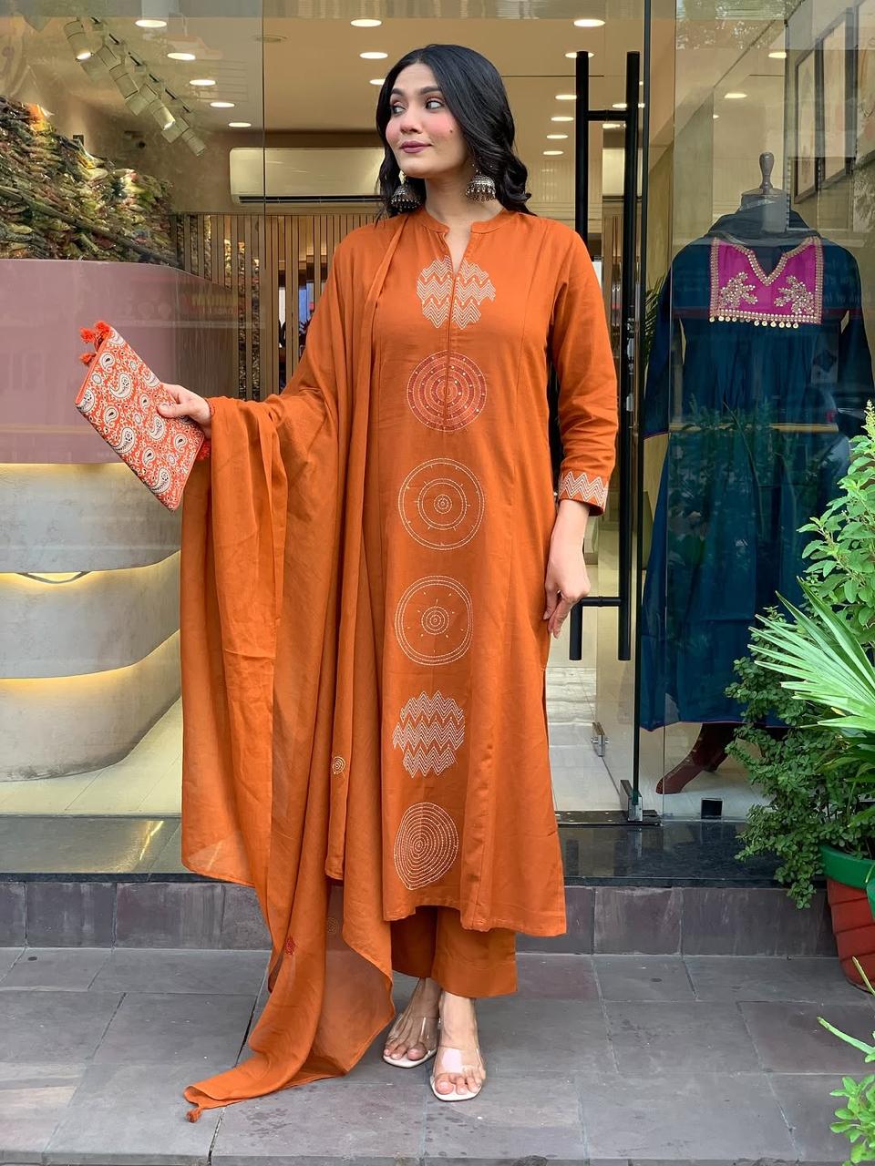 Biba Rust Orange Hand-Embroidered Cotton Kurta Set Dupatta Elegant Festive Attire