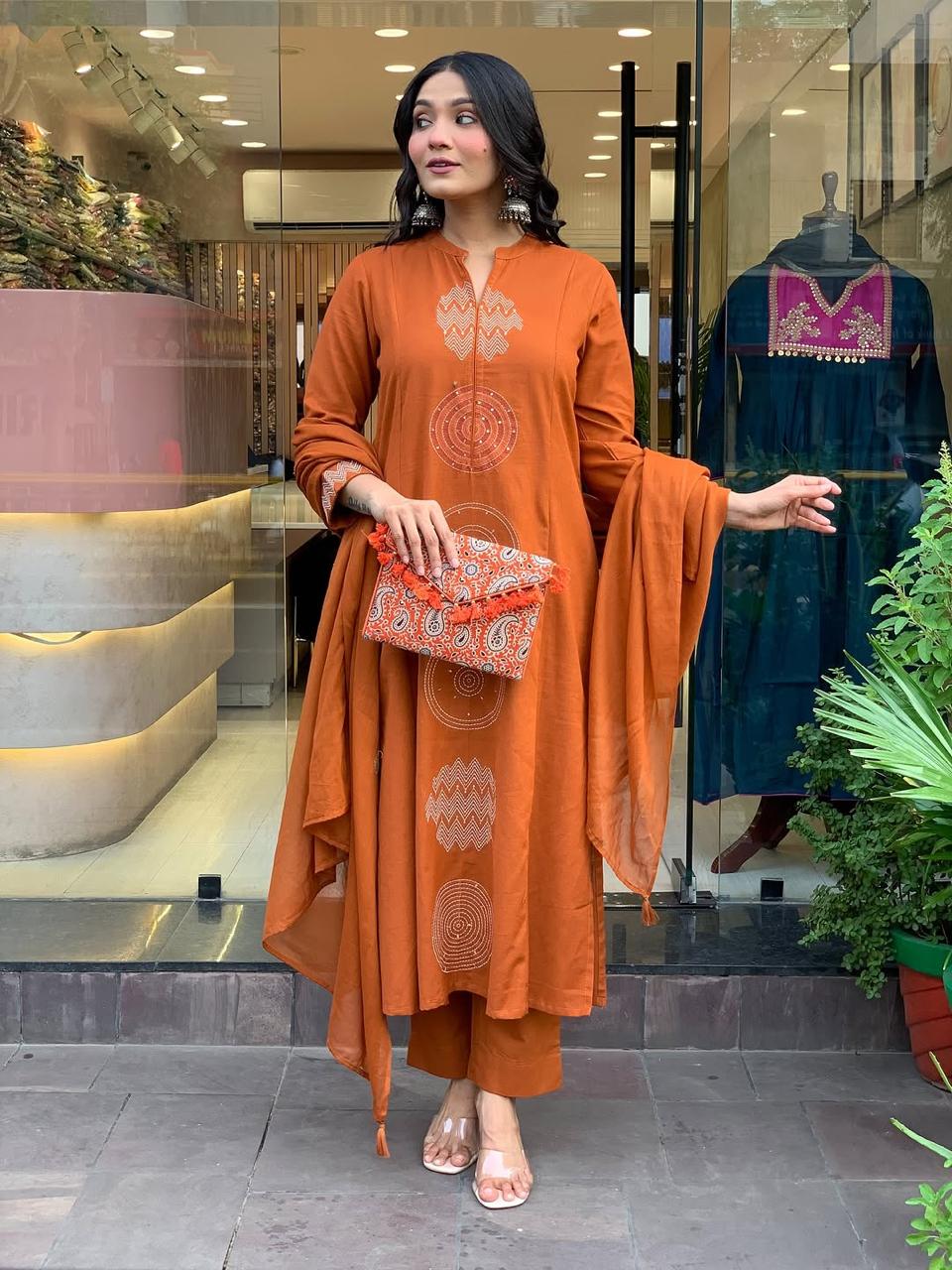 Biba Rust Orange Hand-Embroidered Cotton Kurta Set Dupatta Elegant Festive Attire