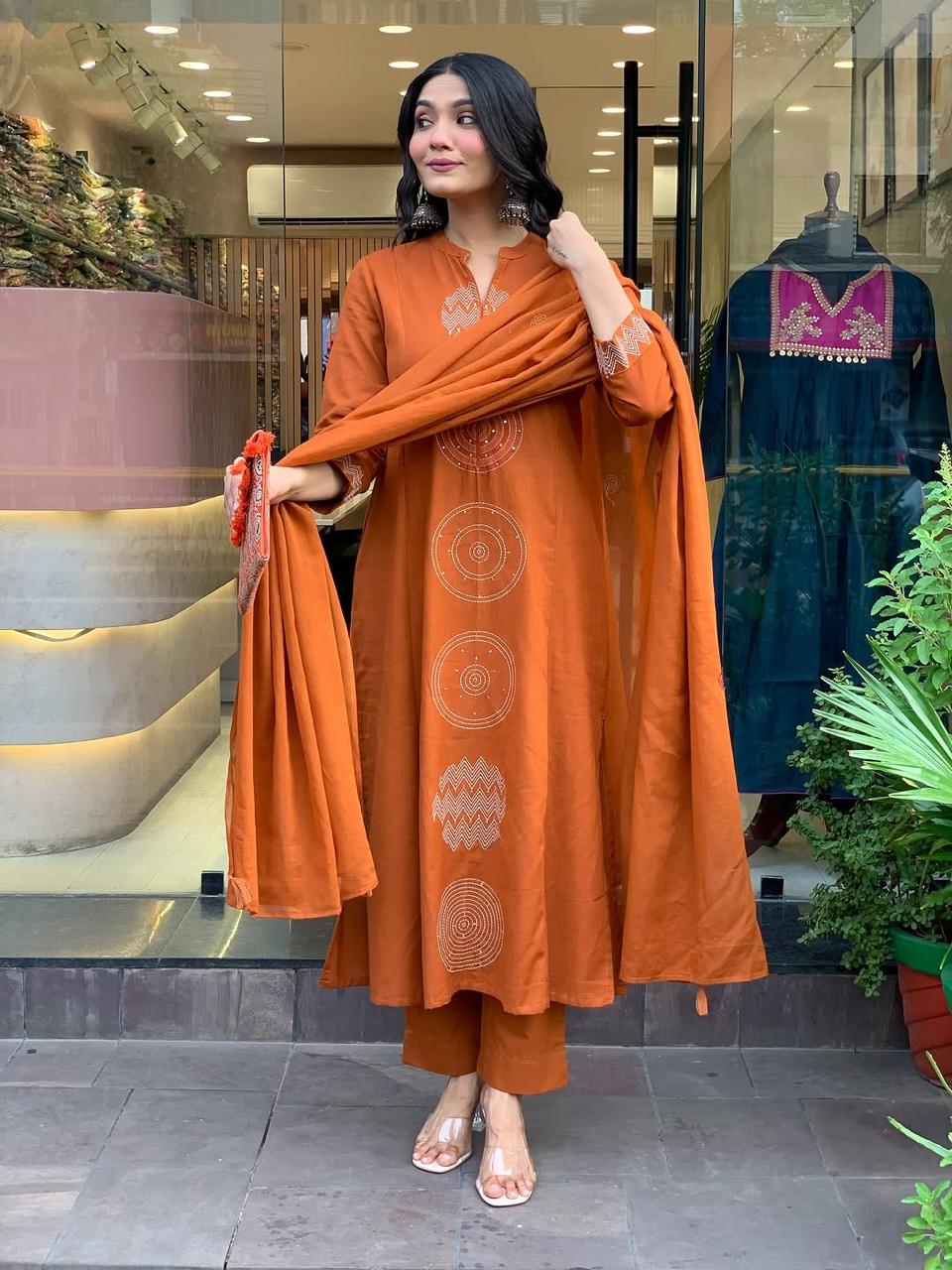 Biba Rust Orange Hand-Embroidered Cotton Kurta Set Dupatta Elegant Festive Attire