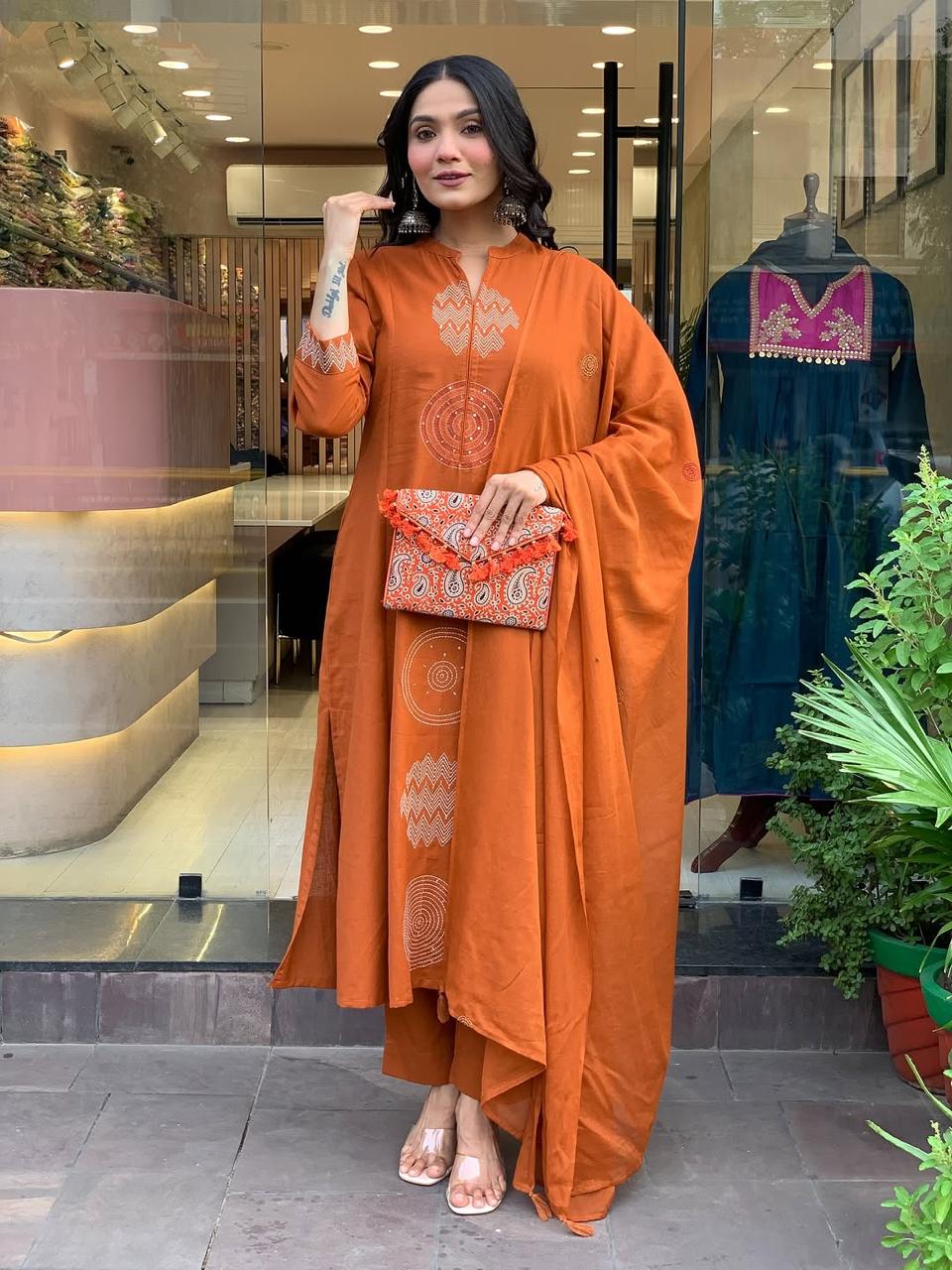 Biba Rust Orange Hand-Embroidered Cotton Kurta Set Dupatta Elegant Festive Attire
