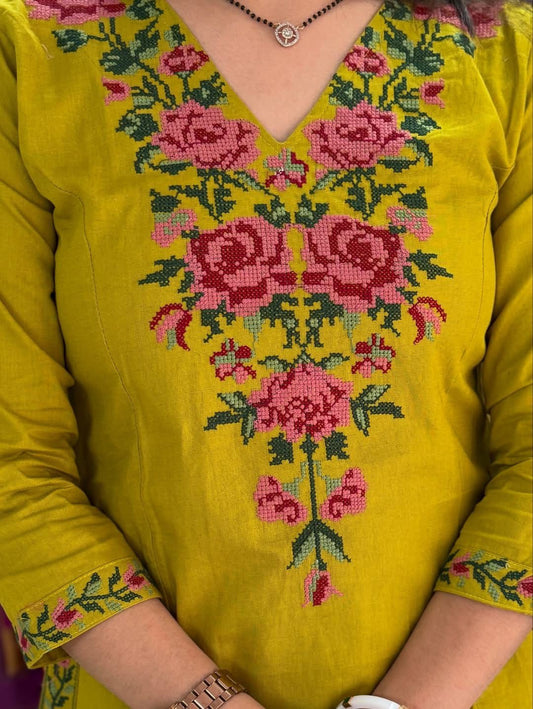 Elegant Mustard Yellow Embroidered Cotton Kurta Set with Matching Pants