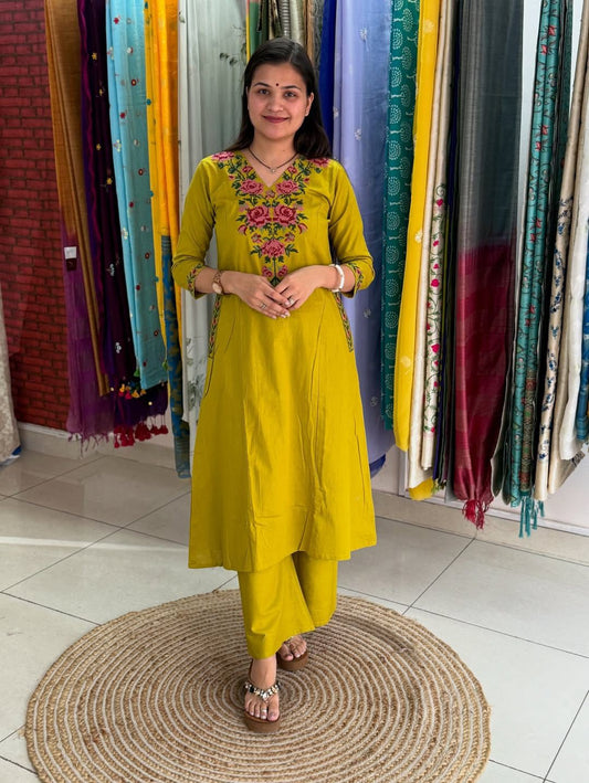 Elegant Mustard Yellow Embroidered Cotton Kurta Set with Matching Pants