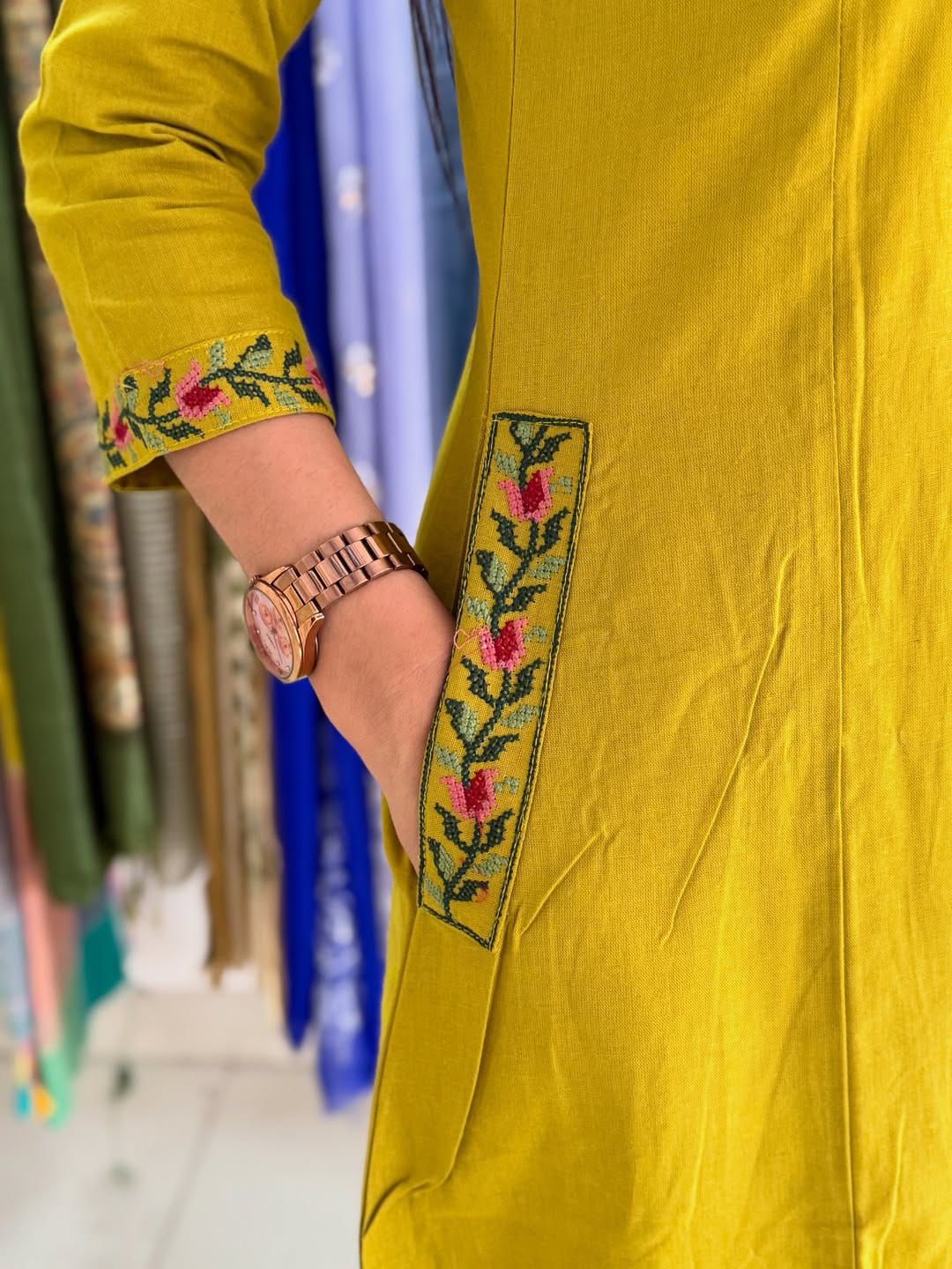 Elegant Mustard Yellow Embroidered Cotton Kurta Set with Matching Pants