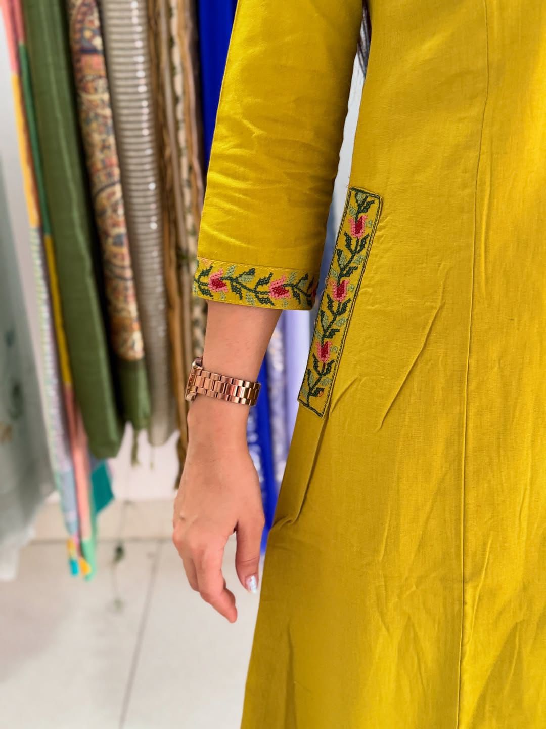 Elegant Mustard Yellow Embroidered Cotton Kurta Set with Matching Pants