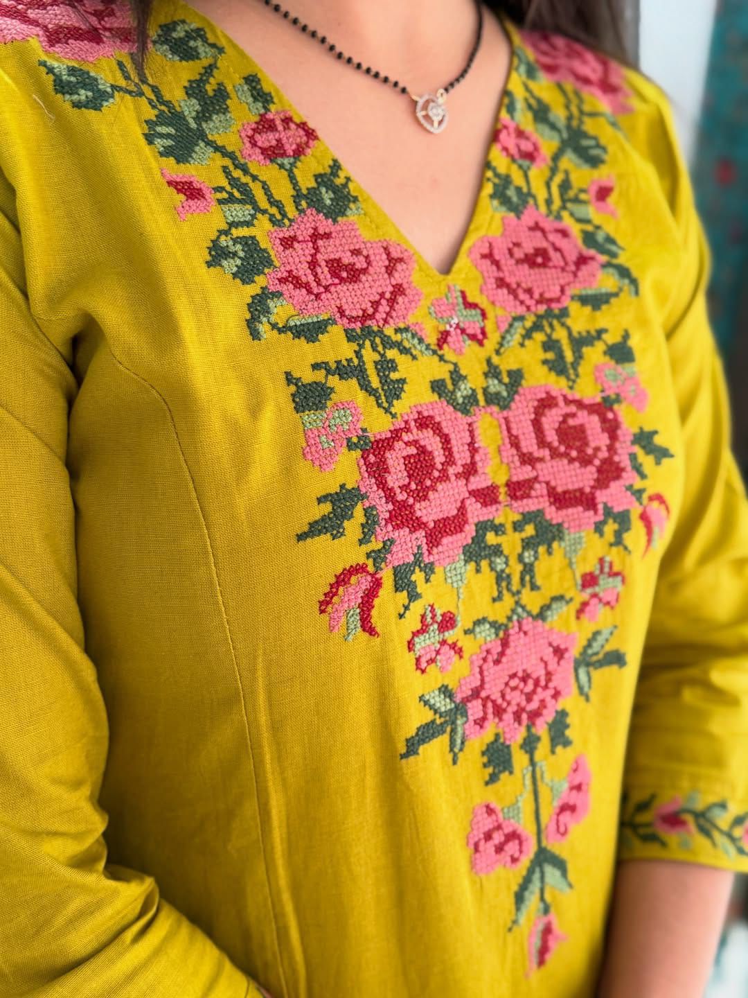 Elegant Mustard Yellow Embroidered Cotton Kurta Set with Matching Pants