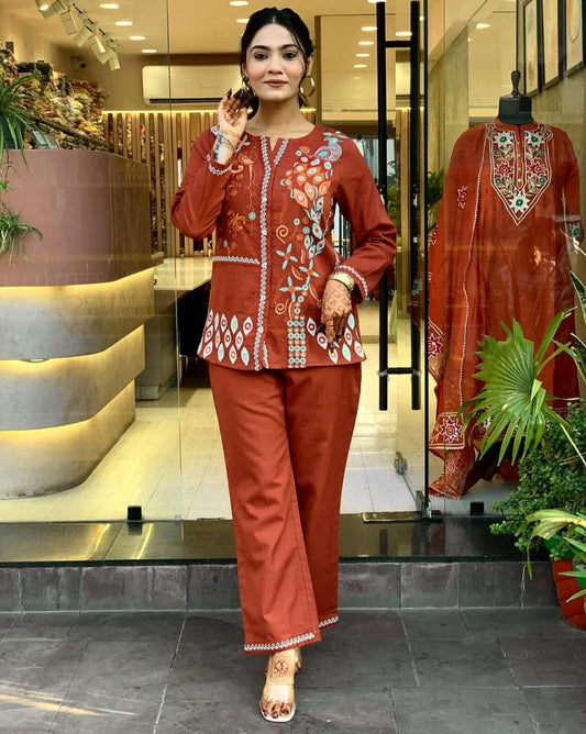 Elegant Rust Orange Embroidered Cotton Kurta Set for Women
