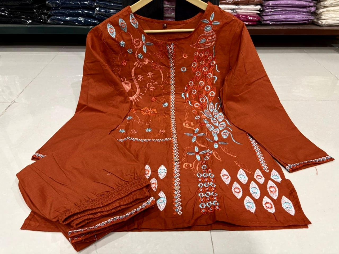 Elegant Rust Orange Embroidered Cotton Kurta Set for Women