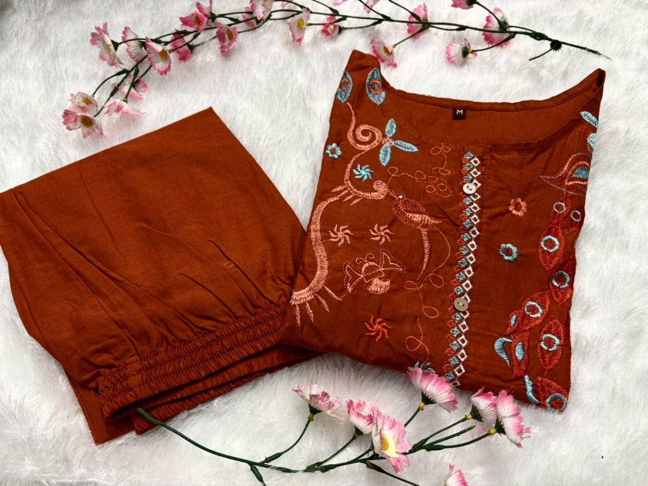 Elegant Rust Orange Embroidered Cotton Kurta Set for Women