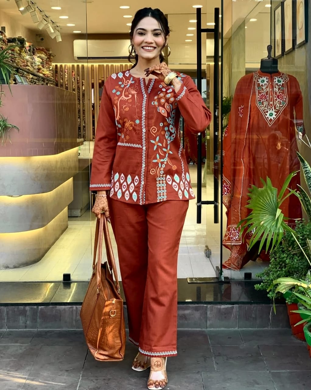 Elegant Rust Orange Embroidered Cotton Kurta Set for Women