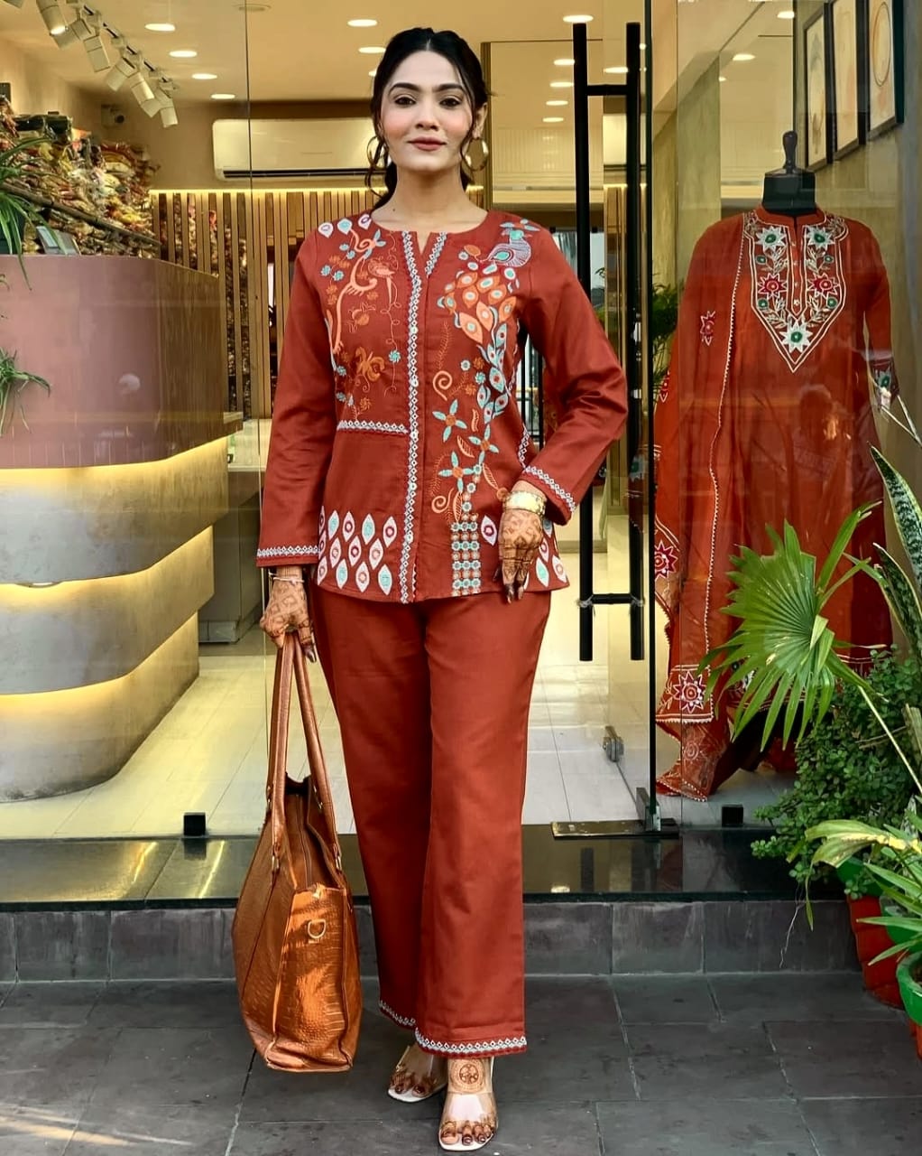 Elegant Rust Orange Embroidered Cotton Kurta Set for Women