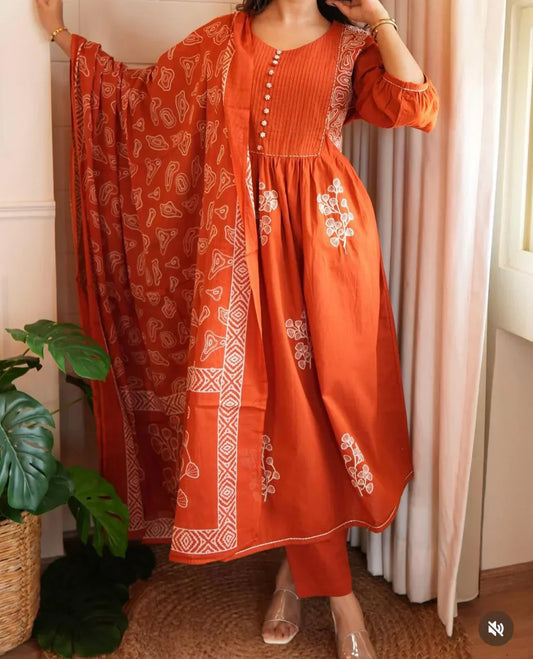 Elegant Orange Embroidered Cotton Kurta Set with Dupatta for Women